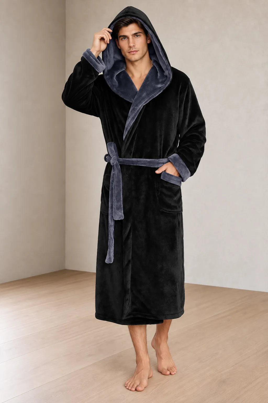 Men's Hooded Fleece Robe - Plush Bathrobe with Belt and Pockets - Black