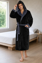 Men's Hooded Fleece Robe - Plush Bathrobe with Belt and Pockets - Black
