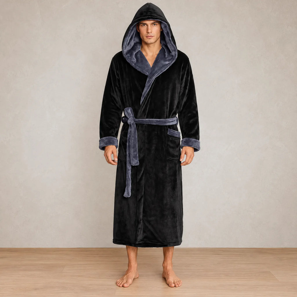Men's Hooded Fleece Robe - Plush Bathrobe with Belt and Pockets - Black