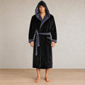 Men's Hooded Fleece Robe - Plush Bathrobe with Belt and Pockets - Black
