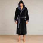 Men's Hooded Fleece Robe - Plush Bathrobe with Belt and Pockets - Black