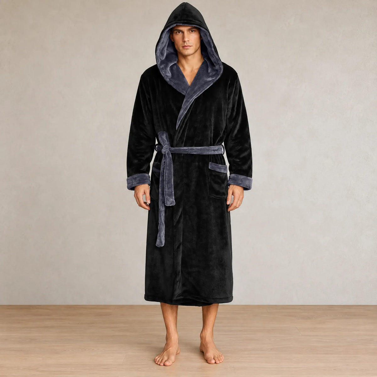 Men's Hooded Fleece Robe - Plush Bathrobe with Belt and Pockets - Black