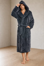 Men's Hooded Fleece Robe - Plush Bathrobe with Belt and Pockets - Charcoal