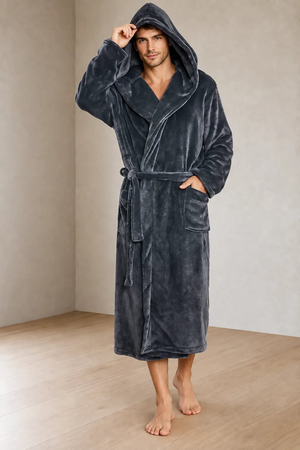 Men's Hooded Fleece Robe - Plush Bathrobe with Belt and Pockets - Charcoal