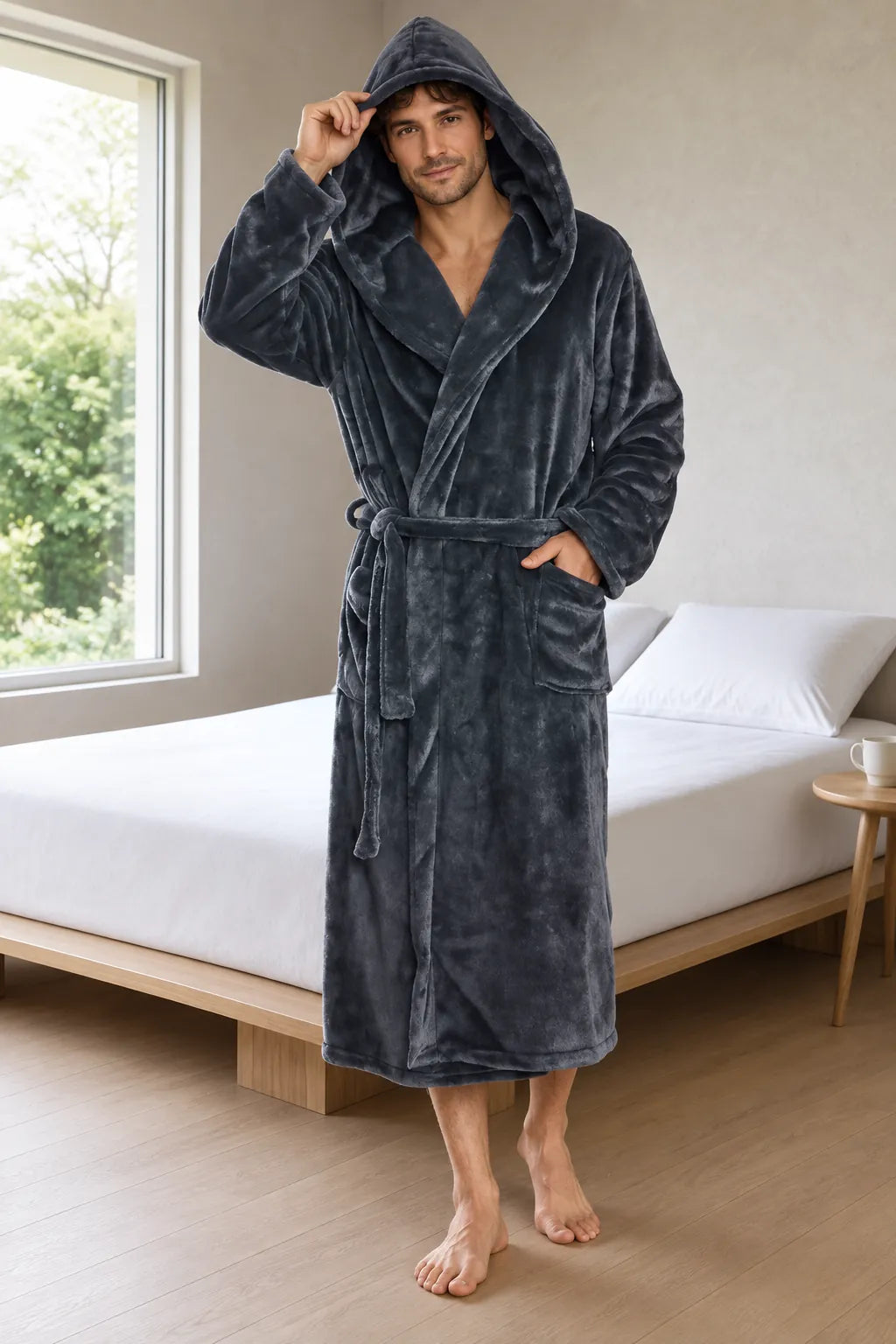 Men's Hooded Fleece Robe - Plush Bathrobe with Belt and Pockets - Charcoal