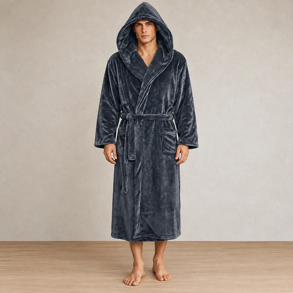 Men's Hooded Fleece Robe - Plush Bathrobe with Belt and Pockets - Charcoal