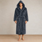 Men's Hooded Fleece Robe - Plush Bathrobe with Belt and Pockets - Charcoal