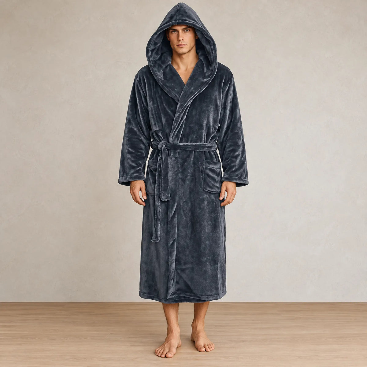 Men's Hooded Fleece Robe - Plush Bathrobe with Belt and Pockets - Charcoal