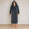 Men's Hooded Fleece Robe - Plush Bathrobe with Belt and Pockets - Charcoal
