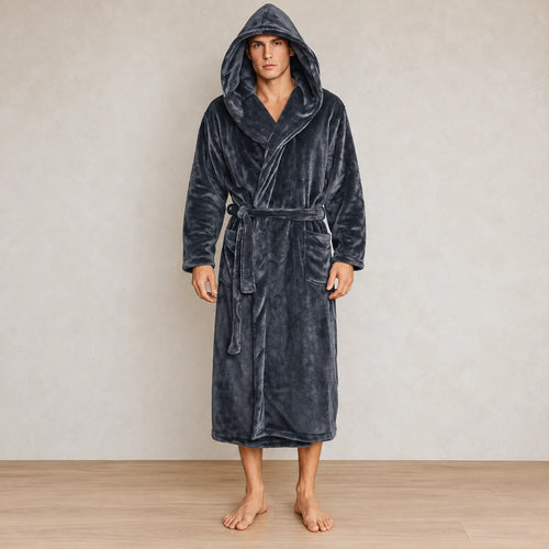 Men's Hooded Fleece Robe - Plush Bathrobe with Belt and Pockets - Charcoal