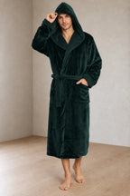 Men's Hooded Fleece Robe - Plush Bathrobe with Belt and Pockets - Forest Green