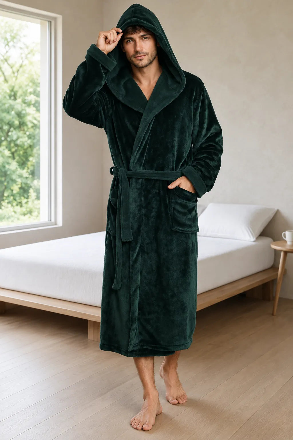 Men's Hooded Fleece Robe - Plush Bathrobe with Belt and Pockets - Forest Green