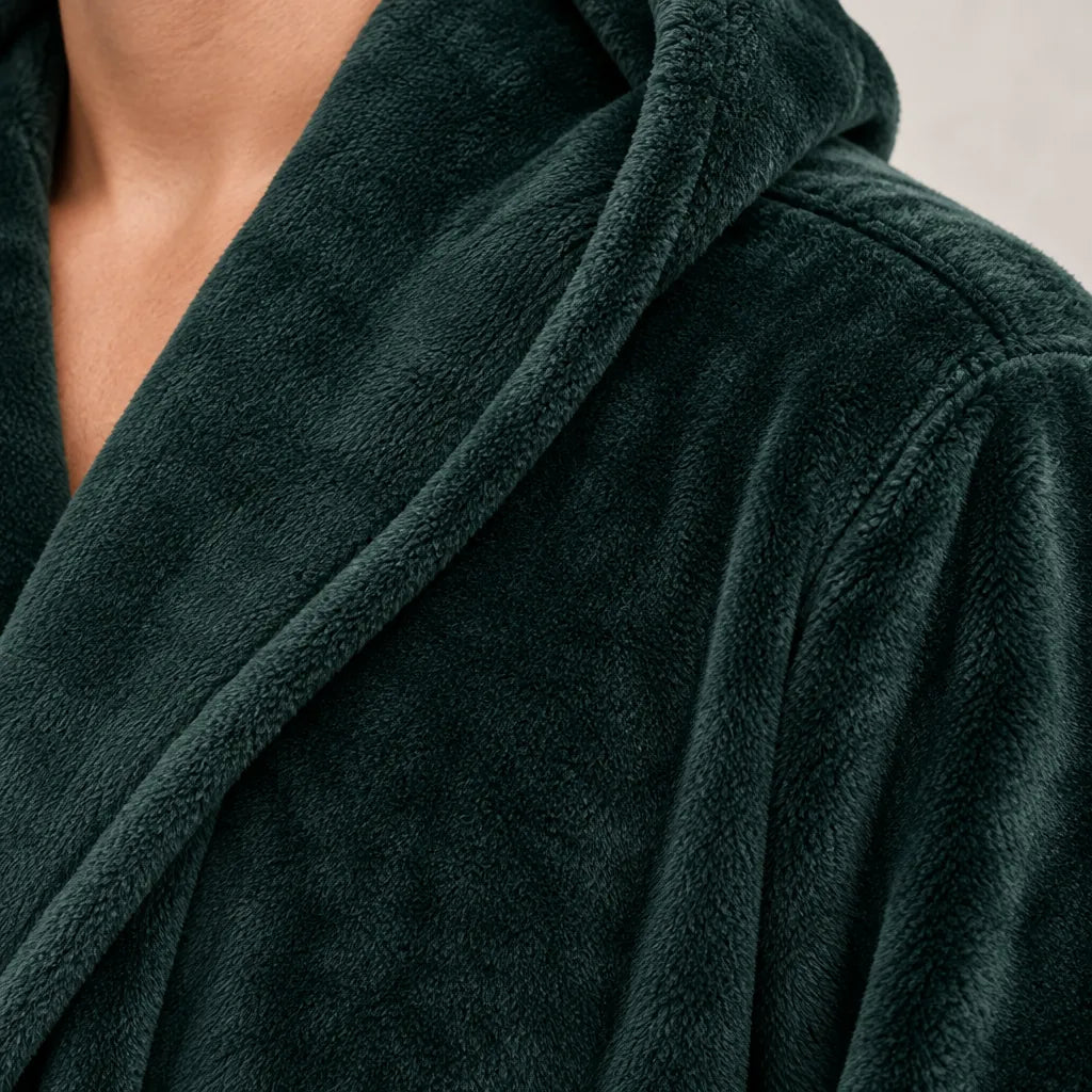 Men's Hooded Fleece Robe - Plush Bathrobe with Belt and Pockets - Forest Green