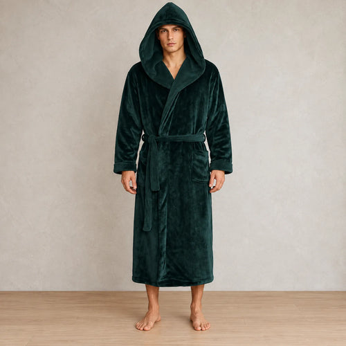 Men's Hooded Fleece Robe - Plush Bathrobe with Belt and Pockets - Forest Green