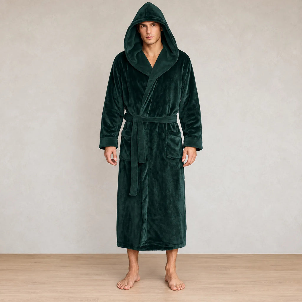 Men's Hooded Fleece Robe - Plush Bathrobe with Belt and Pockets - Forest Green
