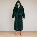 Men's Hooded Fleece Robe - Plush Bathrobe with Belt and Pockets - Forest Green