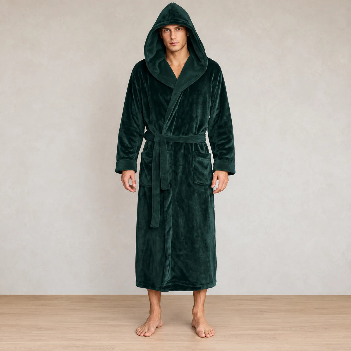 Men's Hooded Fleece Robe - Plush Bathrobe with Belt and Pockets - Forest Green