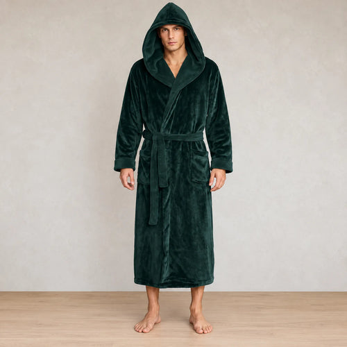 Men's Hooded Fleece Robe - Plush Bathrobe with Belt and Pockets - Forest Green