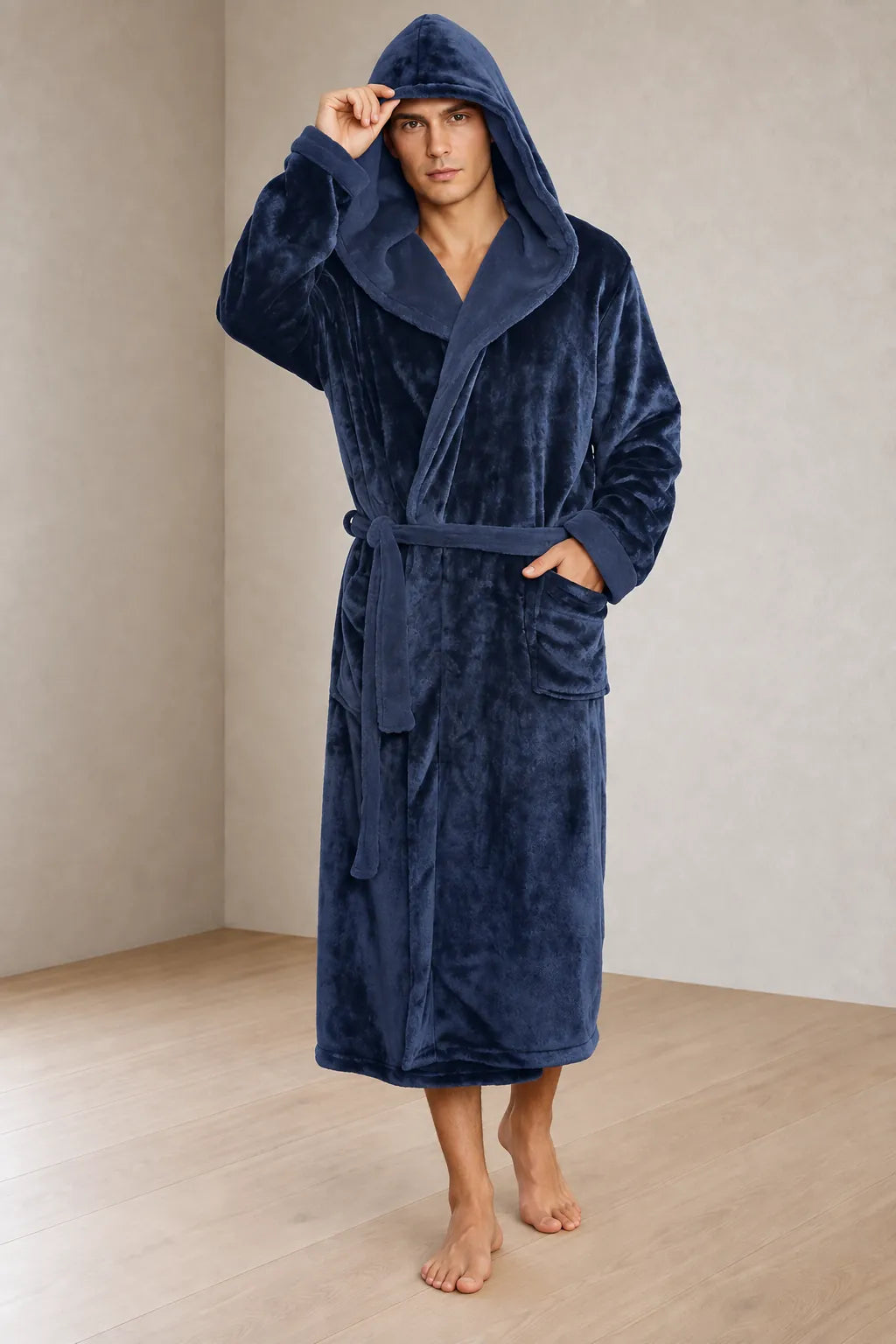 Men's Hooded Fleece Robe - Plush Bathrobe with Belt and Pockets - Navy