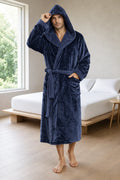 Men's Hooded Fleece Robe - Plush Bathrobe with Belt and Pockets - Navy