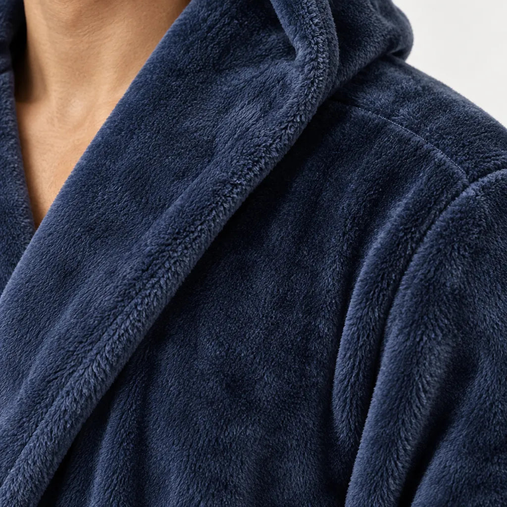 Men's Hooded Fleece Robe - Plush Bathrobe with Belt and Pockets - Navy