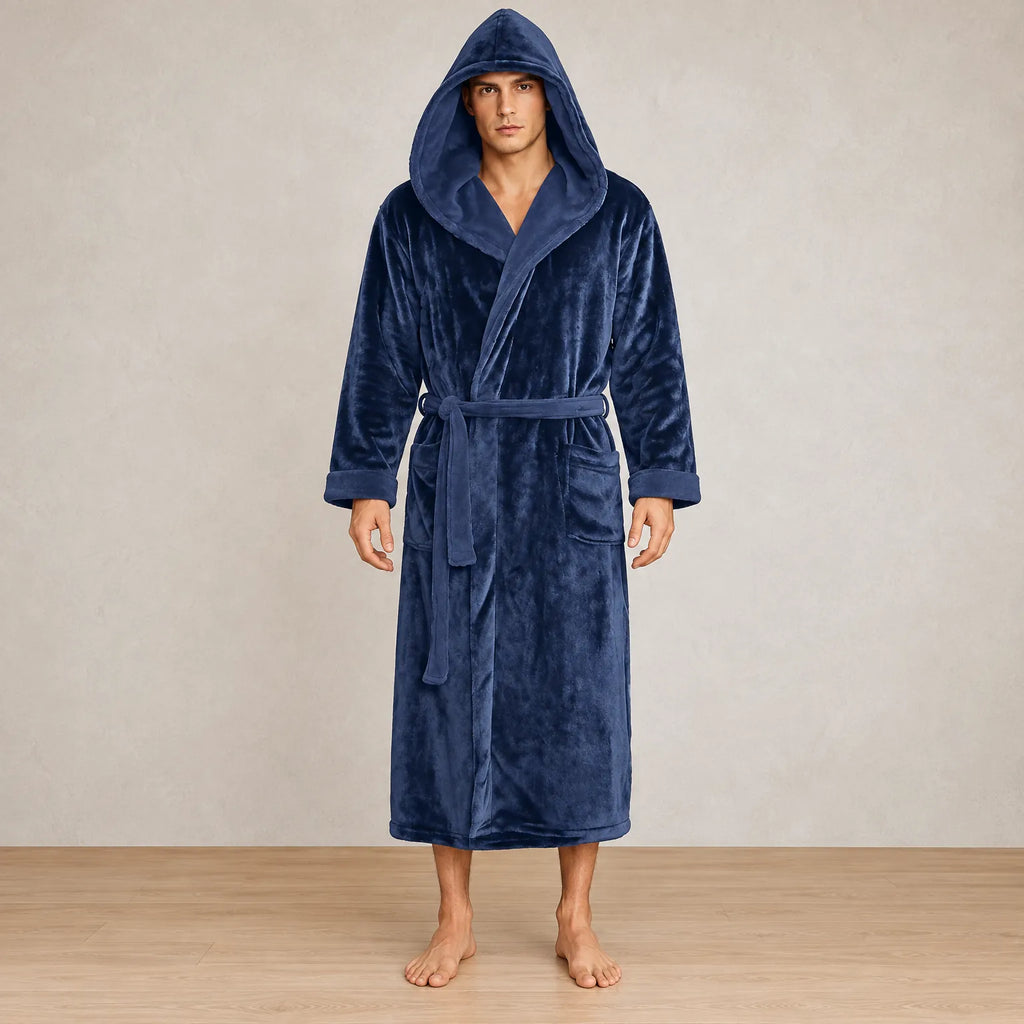 Men's Hooded Fleece Robe - Plush Bathrobe with Belt and Pockets - Navy