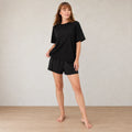 Women's T-Shirt Pajama Set - Boxy Short Sleeve Tee & Sleep Shorts - Black