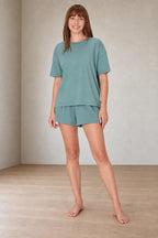 Women's T-Shirt Pajama Set - Boxy Short Sleeve Tee & Sleep Shorts - Sage