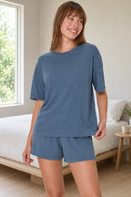 Women's T-Shirt Pajama Set - Boxy Short Sleeve Tee & Sleep Shorts - Slate Blue
