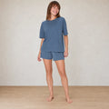 Women's T-Shirt Pajama Set - Boxy Short Sleeve Tee & Sleep Shorts - Slate Blue