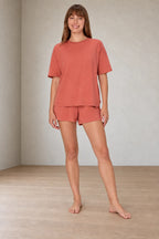 Women's T-Shirt Pajama Set - Boxy Short Sleeve Tee & Sleep Shorts - Terracotta
