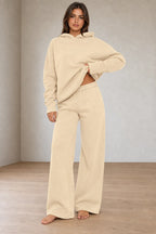 Women's Hoodie Lounge Set - Oversized Hoodie & Wide-Leg Sweatpants - Beige