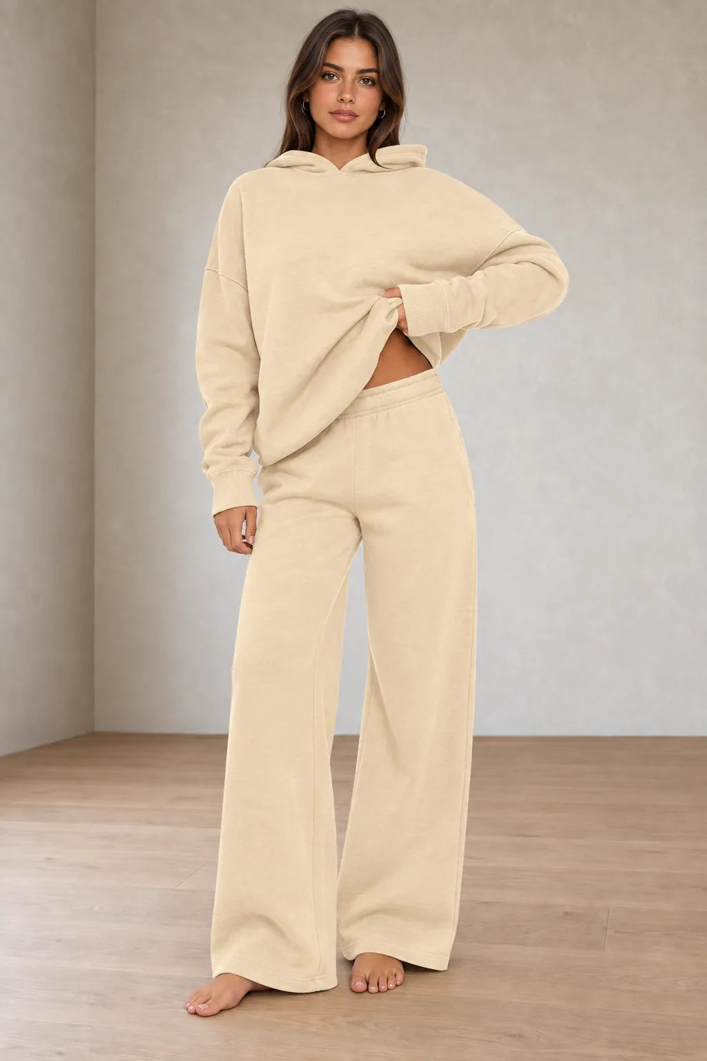 Women's Hoodie Lounge Set - Oversized Hoodie & Wide-Leg Sweatpants - Beige