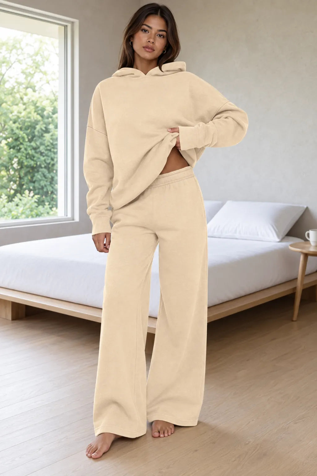 Women's Hoodie Lounge Set - Oversized Hoodie & Wide-Leg Sweatpants - Beige