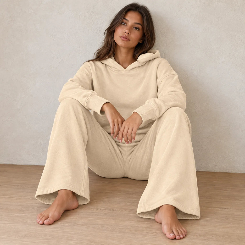 Women's Hoodie Lounge Set - Oversized Hoodie & Wide-Leg Sweatpants - Beige
