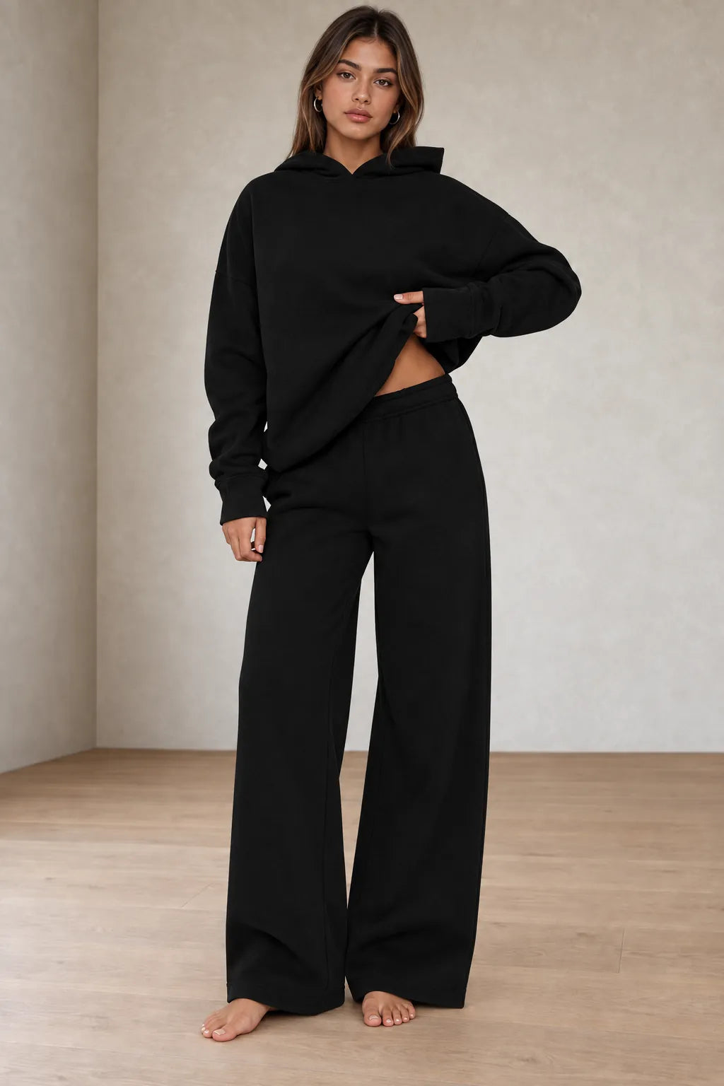 Women's Hoodie Lounge Set - Oversized Hoodie & Wide-Leg Sweatpants - Black