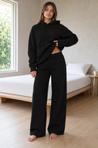 Women's Hoodie Lounge Set - Oversized Hoodie & Wide-Leg Sweatpants - Black