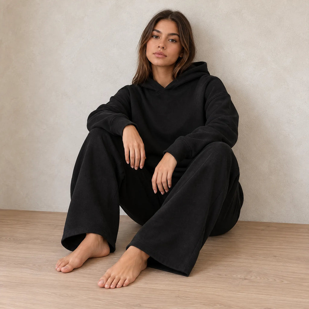 Women's Hoodie Lounge Set - Oversized Hoodie & Wide-Leg Sweatpants - Black