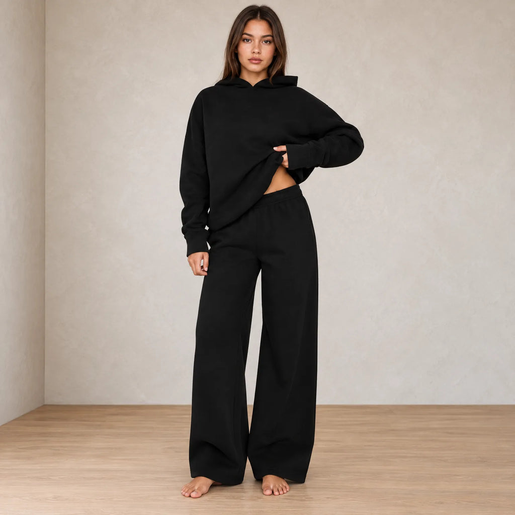 Women's Hoodie Lounge Set - Oversized Hoodie & Wide-Leg Sweatpants - Black