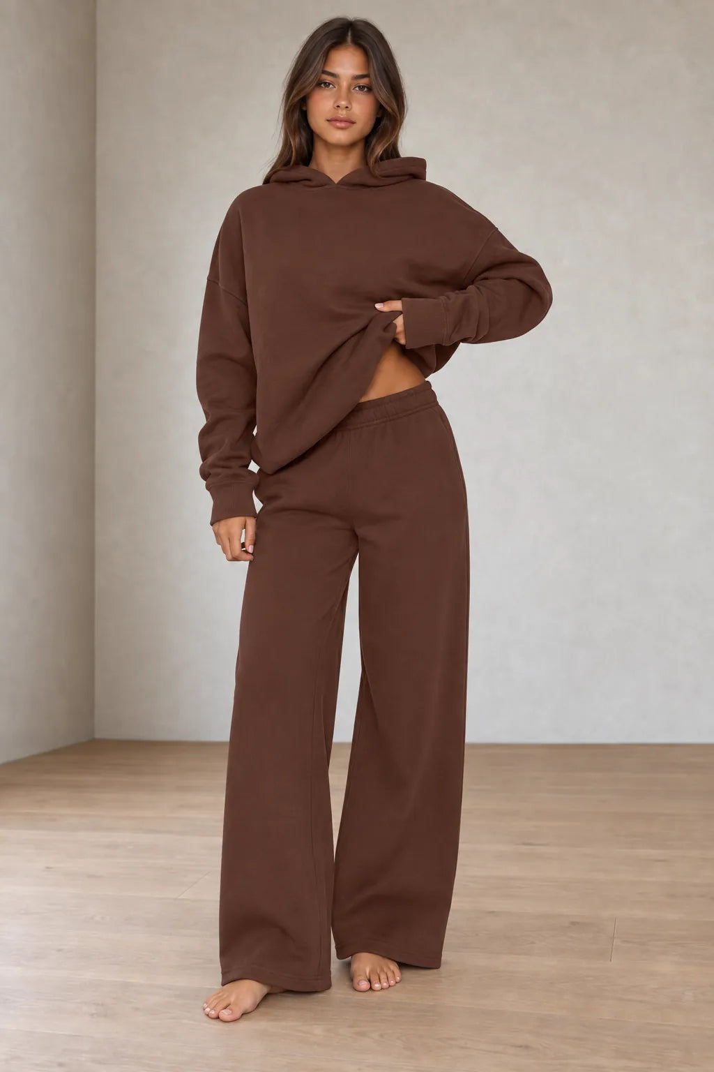 Women's Hoodie Lounge Set - Oversized Hoodie & Wide-Leg Sweatpants - Coffee