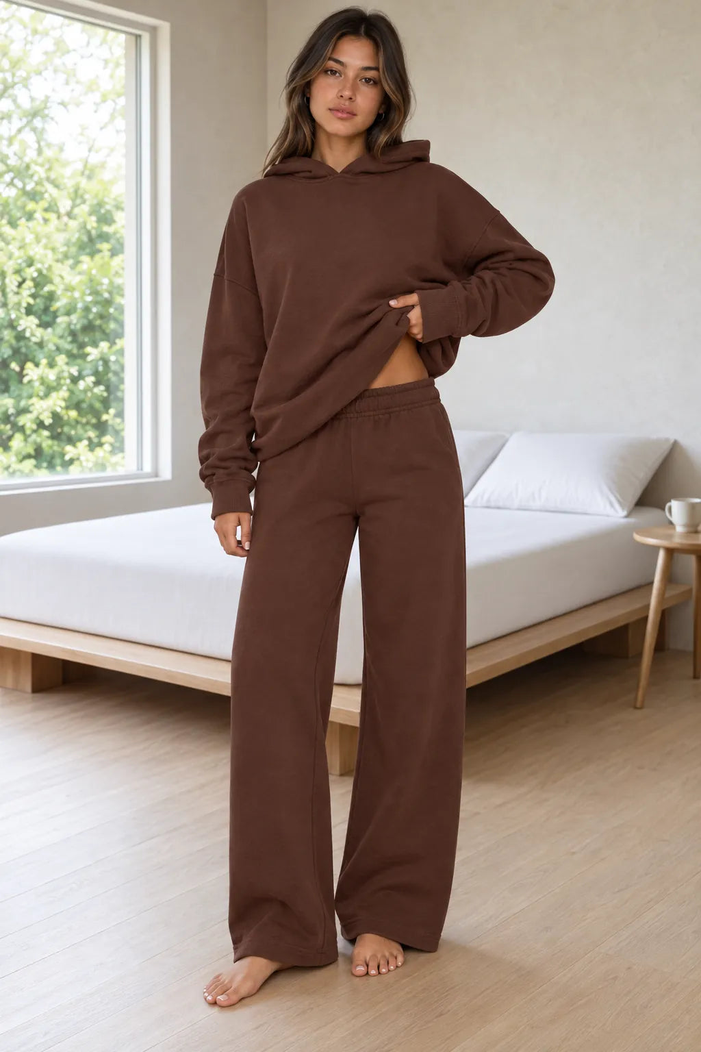 Women's Hoodie Lounge Set - Oversized Hoodie & Wide-Leg Sweatpants - Coffee