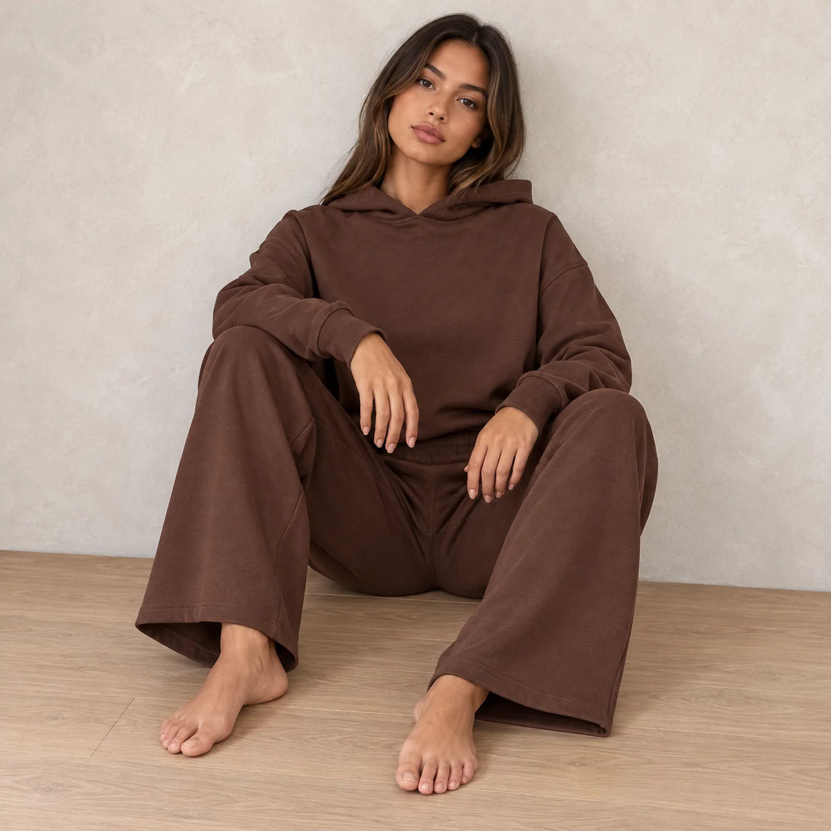 Women's Hoodie Lounge Set - Oversized Hoodie & Wide-Leg Sweatpants - Coffee