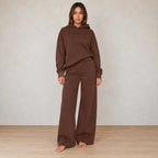 Women's Hoodie Lounge Set - Oversized Hoodie & Wide-Leg Sweatpants - Coffee