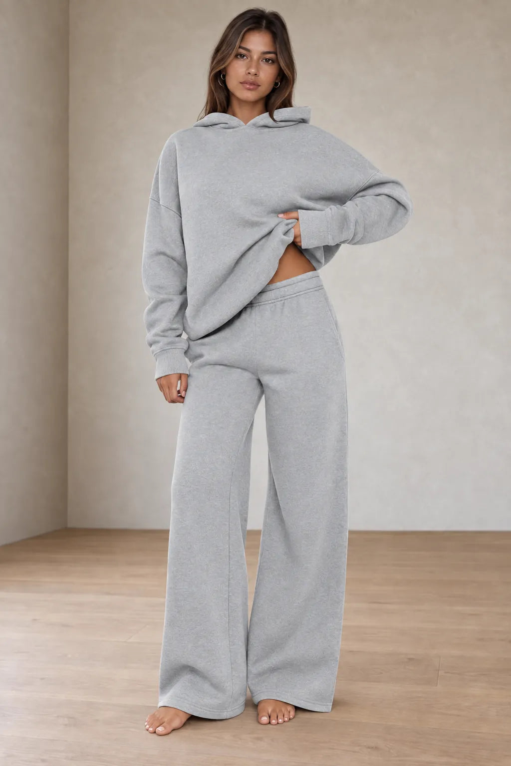 Women's Hoodie Lounge Set - Oversized Hoodie & Wide-Leg Sweatpants - Light Gray