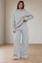 Women's Hoodie Lounge Set - Oversized Hoodie & Wide-Leg Sweatpants - Light Gray