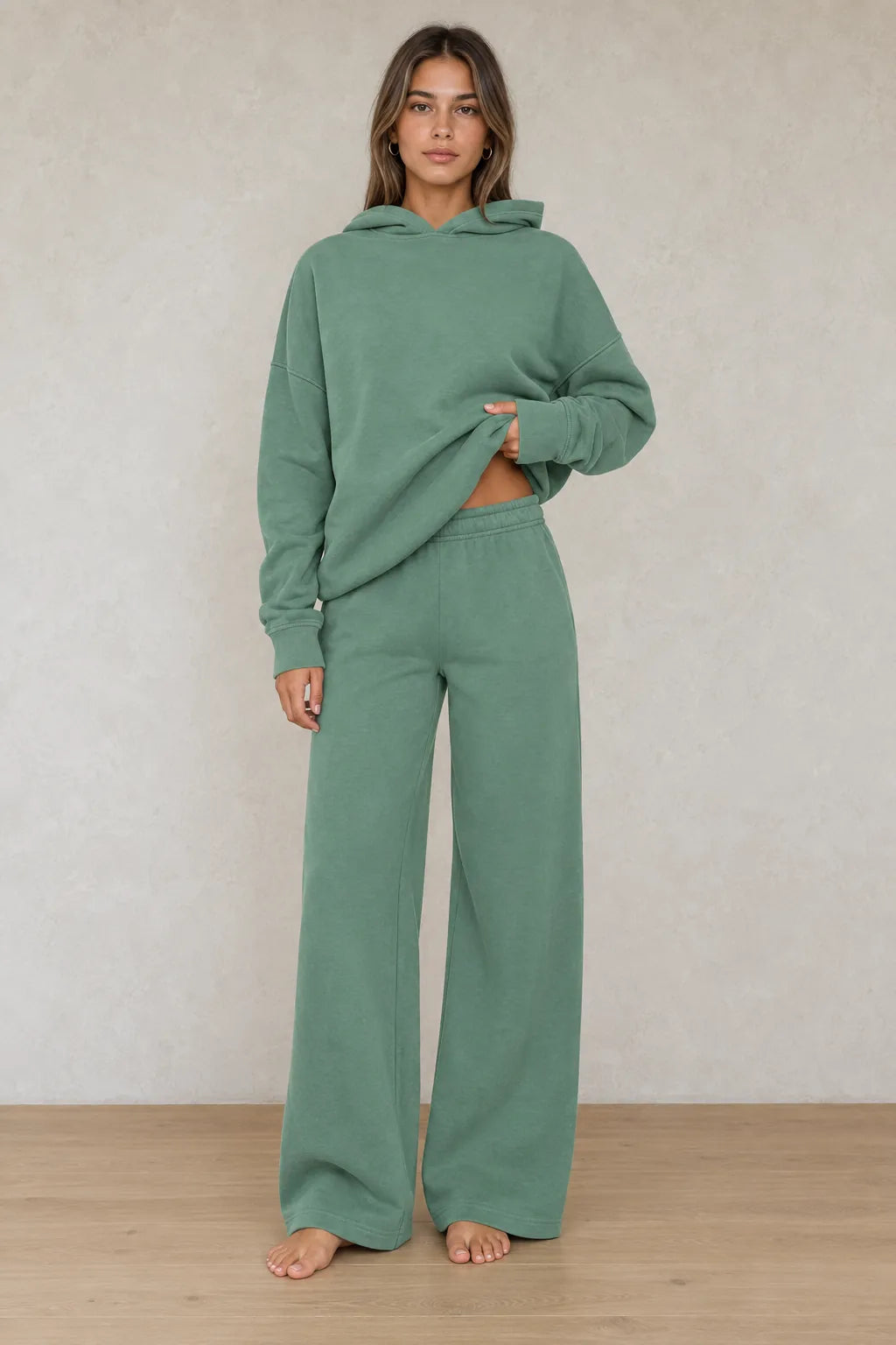 Women's Hoodie Lounge Set - Oversized Hoodie & Wide-Leg Sweatpants - Sage Green