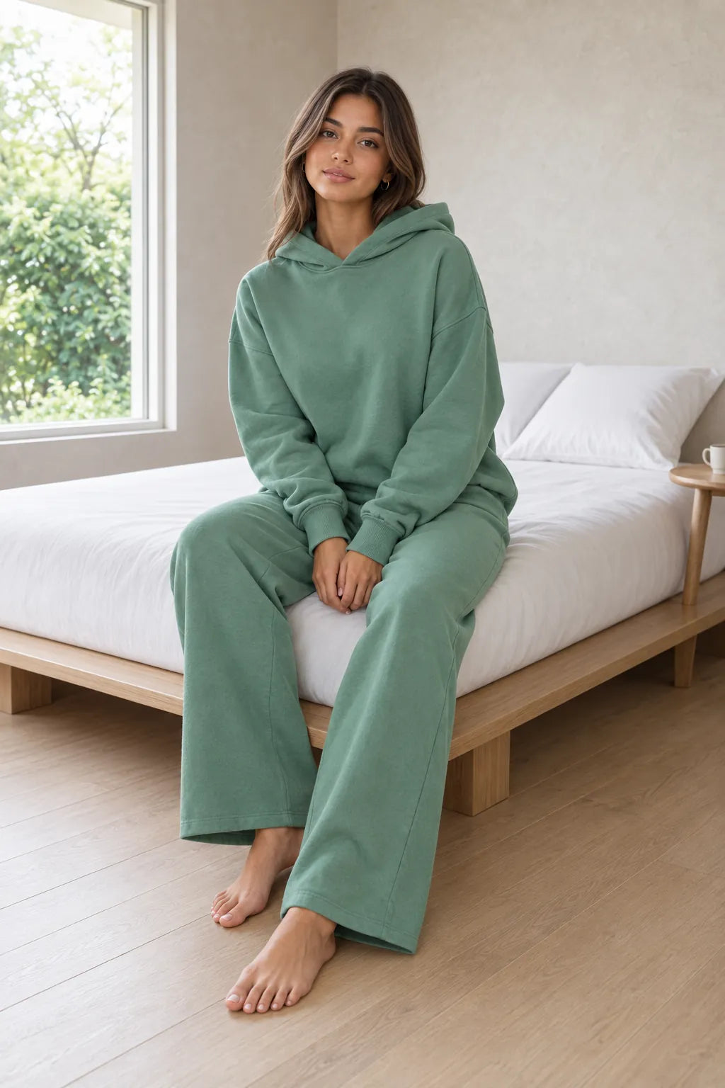 Women's Hoodie Lounge Set - Oversized Hoodie & Wide-Leg Sweatpants - Sage Green