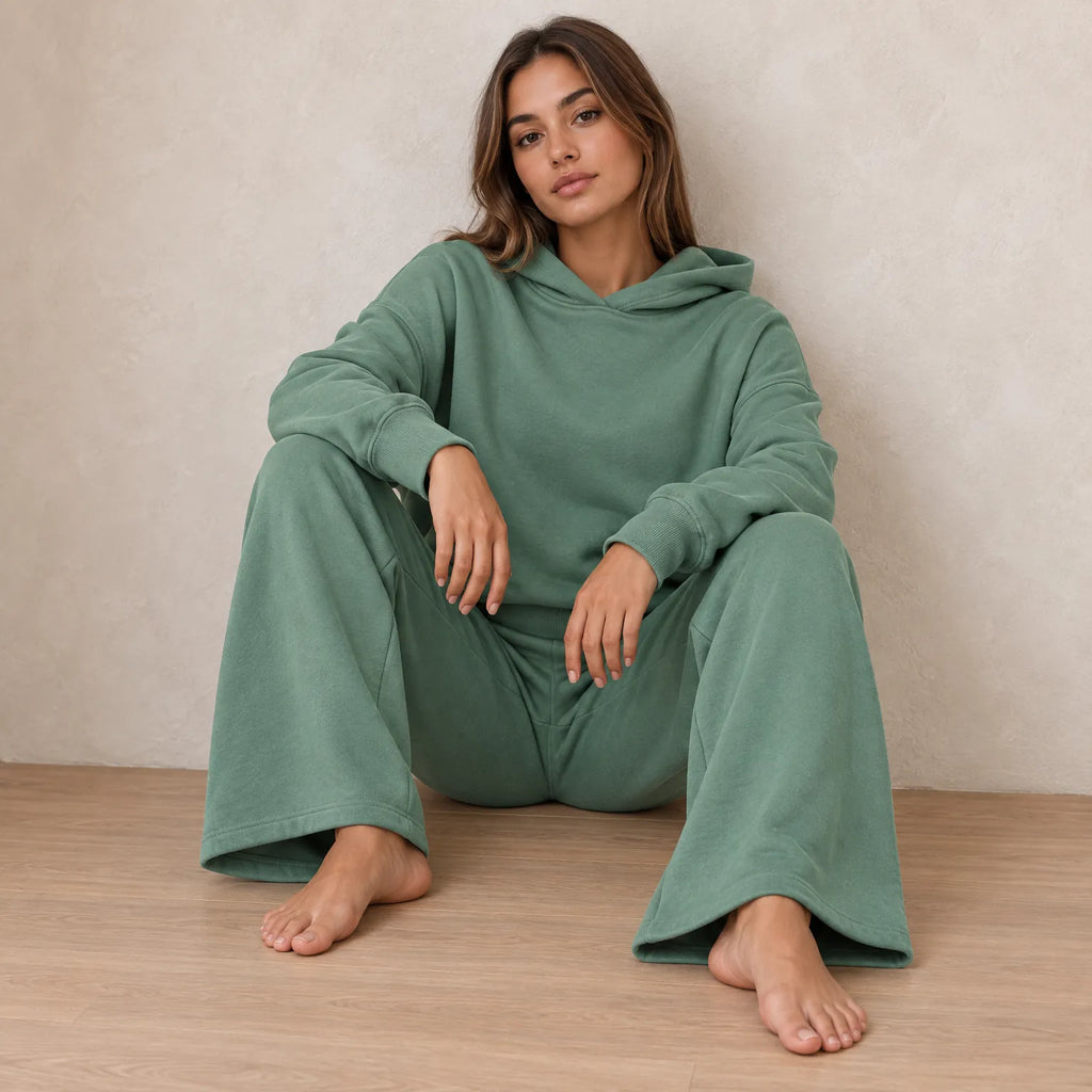 Women's Hoodie Lounge Set - Oversized Hoodie & Wide-Leg Sweatpants - Sage Green