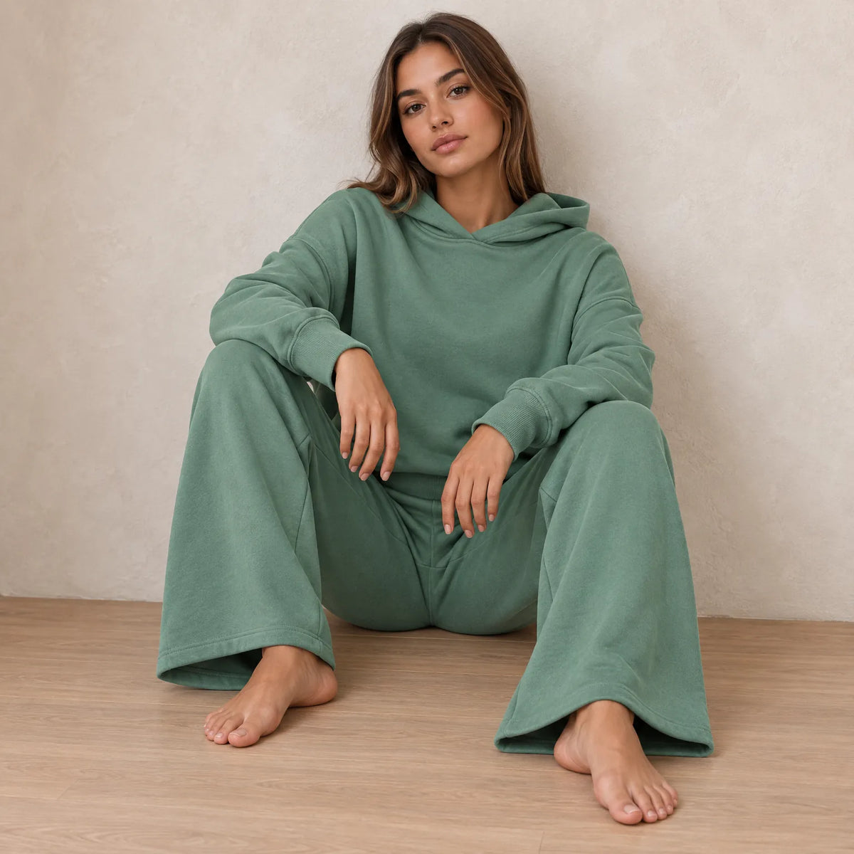 Women's Hoodie Lounge Set - Oversized Hoodie & Wide-Leg Sweatpants - Sage Green