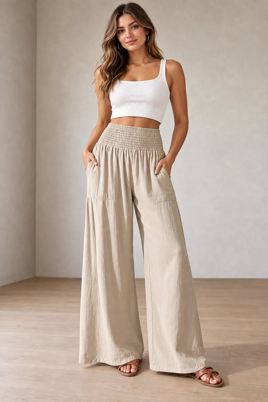 Women's Smocked Wide-Leg Pants - High Waist Lounge Pants with Pockets - Beige